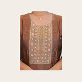 SreeVastra brown Soft Banaras kurta featuring intricate floral embroidery with gold sequins and pink accents on the neckline