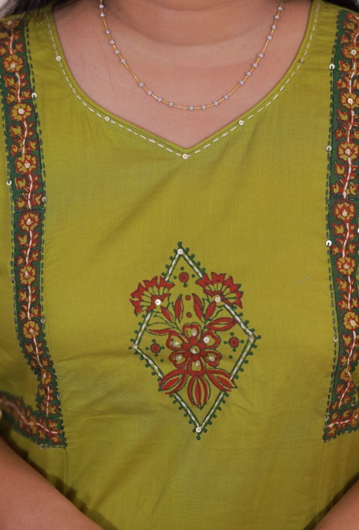 SreeVastra lime green cotton dress featuring intricate floral block print, sequin detailing, and a V-neckline.