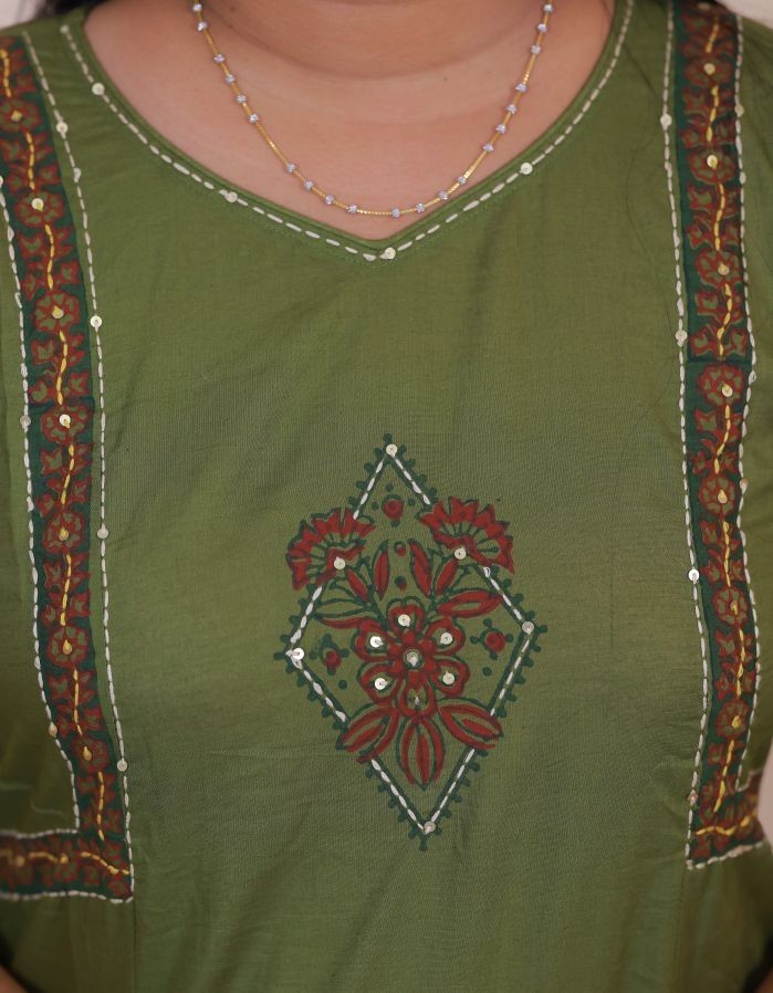 SreeVastra olive green cotton dress featuring intricate floral block print, sequin embroidery, and kantha stitching.