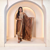 SreeVastra brown traditional embroidered kurta set with matching dupatta and gold zari border details