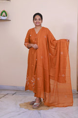 SreeVastra burnt orange cotton 3 piece dress with white floral embroidery and matching dupatta