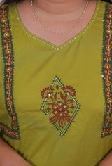 SreeVastra lime green cotton dress featuring intricate floral block print, sequin detailing, and a V-neckline.